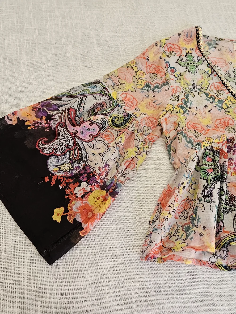 Natural Life Boho Floral Paisley Peplum Blouse S Cotton V-Neck Sequin Trim Bell - Picture 10 of 15